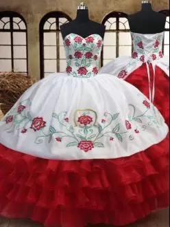 Unique Sleeveless Floor Length Embroidery and Ruffled Layers Lace Up Sweet 16 Dress with White and Red