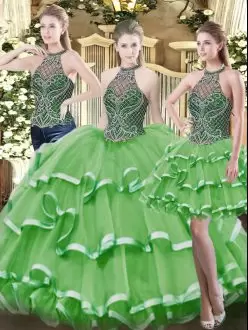 Stunning Green High-neck Lace Up Beading and Ruffled Layers 15th Birthday Dress Sleeveless