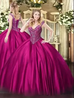 V-neck Sleeveless Lace Up Quinceanera Gown Fuchsia Satin Beading