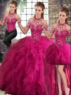 Beading and Ruffles Quinceanera Dress Fuchsia Lace Up Sleeveless Floor Length