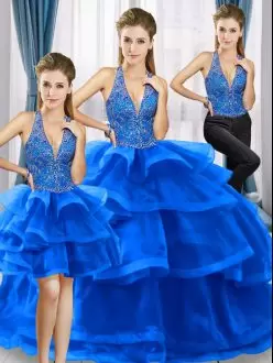 Noble Halter Top Sleeveless Tulle Quinceanera Dress Beading and Ruffled Layers Lace Up