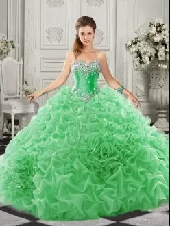 Green Sleeveless Court Train Beading and Ruffles Quinceanera Gown