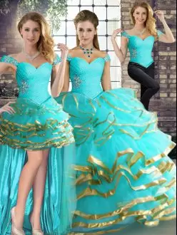 Sleeveless Tulle Floor Length Lace Up Ball Gown Prom Dress in Aqua Blue with Beading and Ruffled Layers