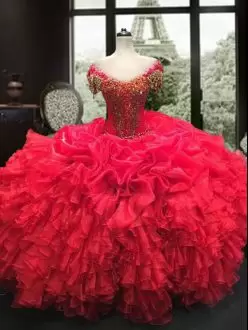 Cap Sleeves Floor Length Beading and Ruffles Lace Up 15 Quinceanera Dress with Red