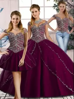 Extravagant Beading Vestidos de Quinceanera Purple Lace Up Cap Sleeves Brush Train