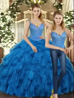 Teal Lace Up Straps Beading and Ruffles Sweet 16 Dresses Organza Sleeveless