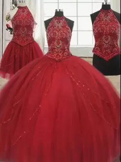 Fashion Red Ball Gowns Halter Top Sleeveless Tulle With Train Court Train Lace Up Beading Quinceanera Gowns