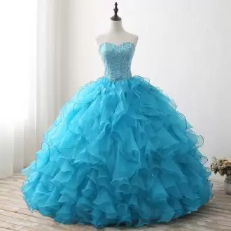 Best Selling Aqua Blue Sleeveless Organza Lace Up Quinceanera Gowns for Sweet 16 and Quinceanera