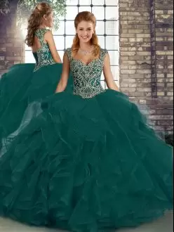 Eye-catching Peacock Green Straps Lace Up Beading and Ruffles Quince Ball Gowns Sleeveless