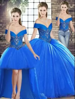 Excellent Royal Blue Off The Shoulder Lace Up Beading Quince Ball Gowns Brush Train Sleeveless