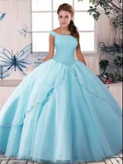 Light Blue Sweet 16 Quinceanera Dress Military Ball and Sweet 16 and Quinceanera with Beading Off The Shoulder Sleeveless Brush Train Lace Up