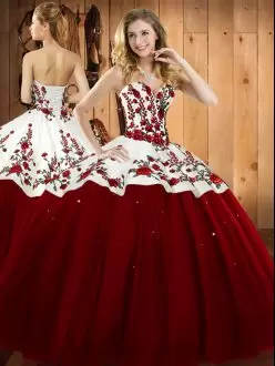 Wine Red Sweetheart Lace Up Embroidery Sweet 16 Dress Sleeveless