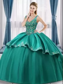 Turquoise V-neck Neckline Beading and Embroidery Ball Gown Prom Dress Sleeveless Lace Up