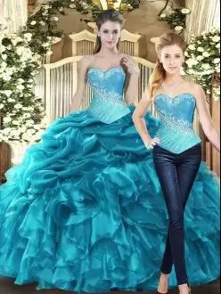 Teal Ball Gowns Tulle Sweetheart Sleeveless Beading and Ruffles Floor Length Lace Up Ball Gown Prom Dress