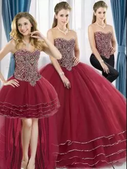 Latest Sleeveless Tulle Sweep Train Lace Up Sweet 16 Dresses in Wine Red with Beading and Ruffled Layers