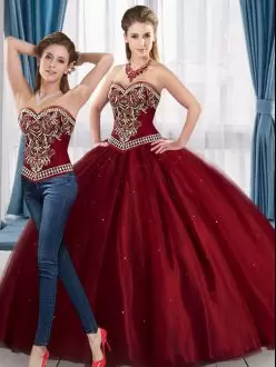 Charming Floor Length Lace Up Quinceanera Dress Wine Red for Military Ball and Sweet 16 and Quinceanera with Embroidery