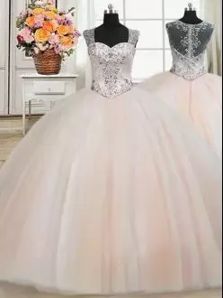 Super Peach Straps Zipper Beading Quinceanera Dresses Cap Sleeves