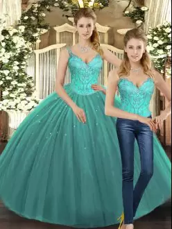Excellent Straps Sleeveless Lace Up 15th Birthday Dress Turquoise Tulle Beading