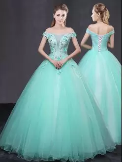 Ball Gowns Vestidos de Quinceanera Apple Green Off The Shoulder Tulle Sleeveless Floor Length Lace Up