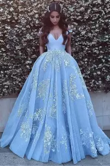 High Quality Sleeveless With Train Beading and Appliques Zipper Quinceanera Dresses with Baby Blue Sweep Train