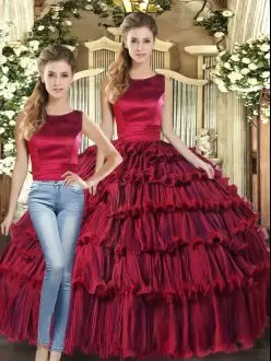 Custom Design Sleeveless Floor Length Ruffled Layers Lace Up Quinceanera Dresses with Wine Red