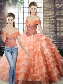 Most Popular Peach Lace Up Off The Shoulder Beading and Ruffled Layers Sweet 16 Quinceanera Dress Organza Sleeveless Brush Train