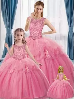 Ball Gowns Quinceanera Gown Pink Scoop Tulle Sleeveless Floor Length