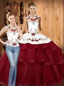 Wine Red Two Pieces Embroidery and Ruffled Layers Sweet 16 Quinceanera Dress Lace Up Satin and Organza Sleeveless With Train