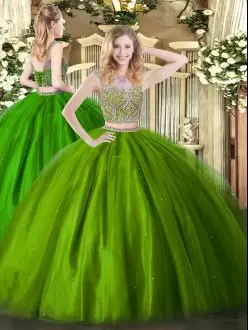 Floor Length Lace Up Sweet 16 Dress Olive Green for Military Ball and Sweet 16 and Quinceanera with Beading