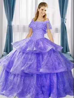 Lavender Ball Gowns Off The Shoulder Short Sleeves Sequined Floor Length Lace Up Beading and Ruffled Layers 15 Quinceanera Dress