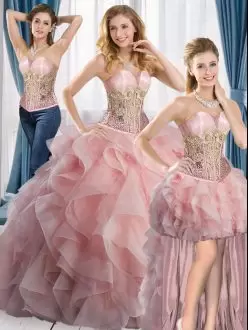 Spectacular Pink Ball Gowns Sweetheart Sleeveless Satin and Organza Floor Length Beading and Ruffles Quinceanera Gowns