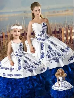 Suitable Embroidery and Ruffles Vestidos de Quinceanera Blue And White Lace Up Sleeveless Floor Length