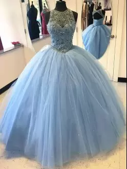 Eye-catching Floor Length Lace Up 15 Quinceanera Dress Light Blue for Sweet 16 and Quinceanera with Beading