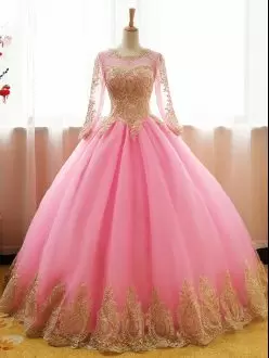 Dynamic Pink Organza Lace Up Quinceanera Dresses Long Sleeves Floor Length Appliques