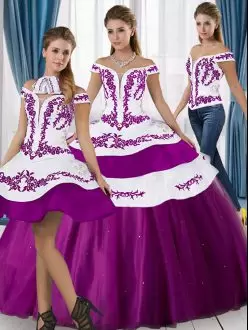 White And Purple Ball Gowns Satin and Tulle Off The Shoulder Sleeveless Embroidery Floor Length Lace Up Sweet 16 Quinceanera Dress