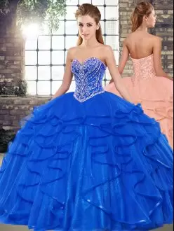 Tulle Sweetheart Sleeveless Lace Up Beading and Ruffles Sweet 16 Quinceanera Dress in Royal Blue