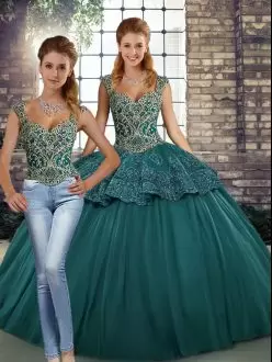 Green Two Pieces Straps Sleeveless Tulle Floor Length Lace Up Beading and Appliques Quinceanera Dresses