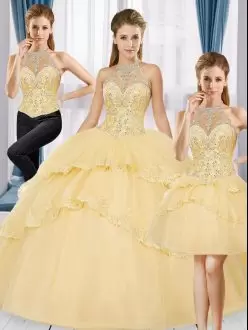 Gold Sleeveless Floor Length Beading and Appliques Lace Up Ball Gown Prom Dress High-neck