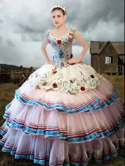 Colorful White Straps Neckline Embroidery and Ruffled Layers Charro Quinceanera Dress Cap Sleeves