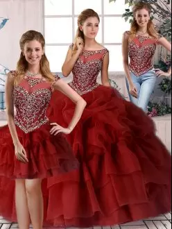 Wine Red Scoop Neckline Beading and Pick Ups Ball Gown Prom Dress Sleeveless Zipper