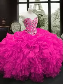 Glorious Sweetheart Lace Up Vestidos de Quinceanera Dress Fuchsia with Embroidery and Ruffled Bottom