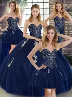 Navy Blue Ball Gowns Sweetheart Sleeveless Tulle Floor Length Lace Up Beading and Appliques Sweet 16 Dress