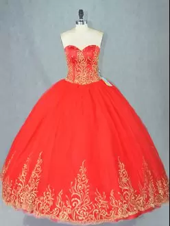 Traditional Red Tulle Lace Up Sweetheart Sleeveless Floor Length Quinceanera Gown Beading