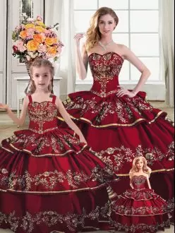 Admirable Wine Red Sweetheart Lace Up Embroidery and Ruffled Layers Ball Gown Prom Dress Sleeveless