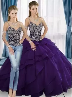 Sweep Train Ball Gowns Ball Gown Prom Dress Purple Sweetheart Organza Sleeveless Floor Length Lace Up