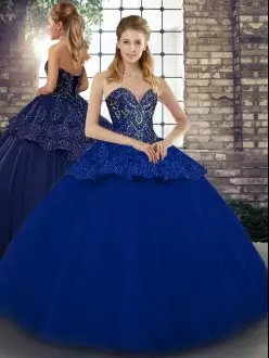 Sleeveless Tulle Floor Length Lace Up 15th Birthday Dress in Royal Blue with Beading and Appliques