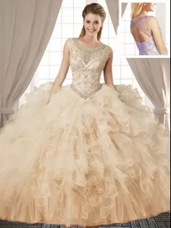 Top Selling Scoop Sleeveless Tulle Quinceanera Dresses Beading and Ruffles Lace Up