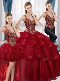 Red V-neck Lace Up Beading and Ruffled Layers Sweet 16 Dresses Sleeveless