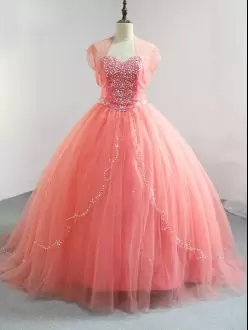 Custom Made Watermelon Red Tulle Lace Up 15 Quinceanera Dress Sleeveless Floor Length Beading