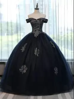 Navy Blue Sleeveless Appliques Floor Length Sweet 16 Quinceanera Dress